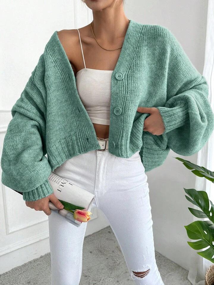 Knitted Cardigan Women's Loose V-neck Lantern Sleeve Sweater