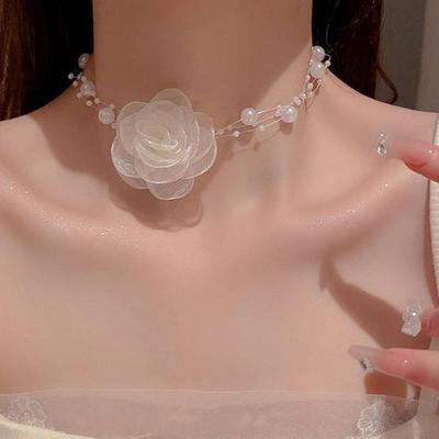 Gargantilha Romântica Flor Pérola Colar Feminino Corrente Colar de Flor
