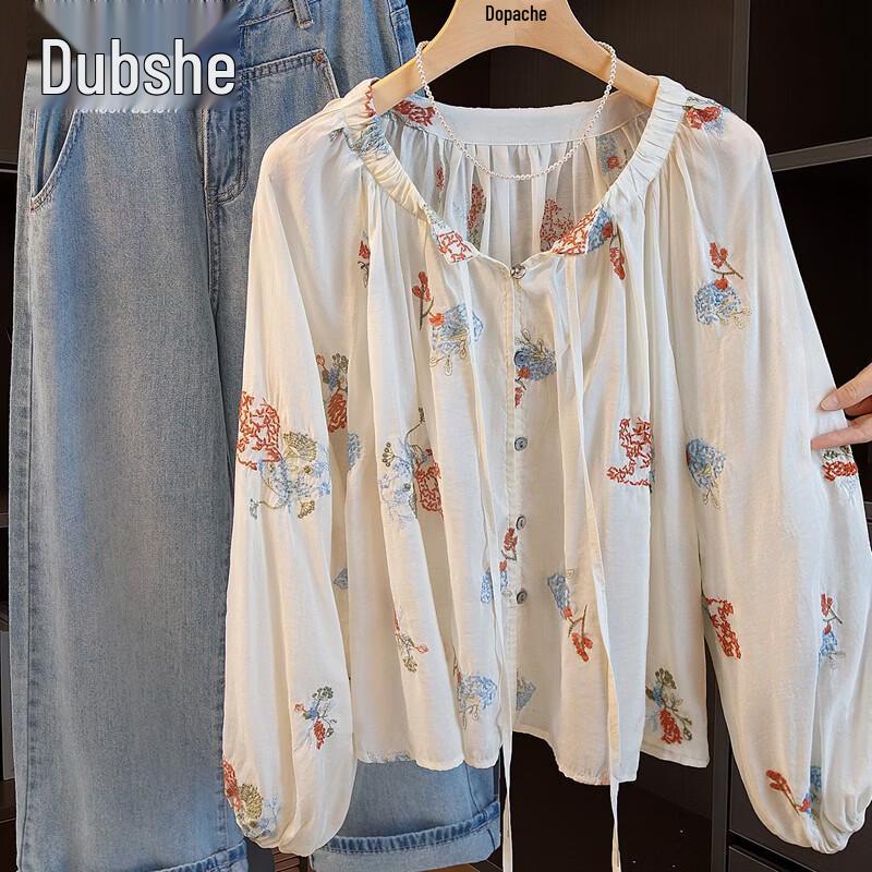 Women s French Style Embroidered Floral Loose Fit Blouse XL