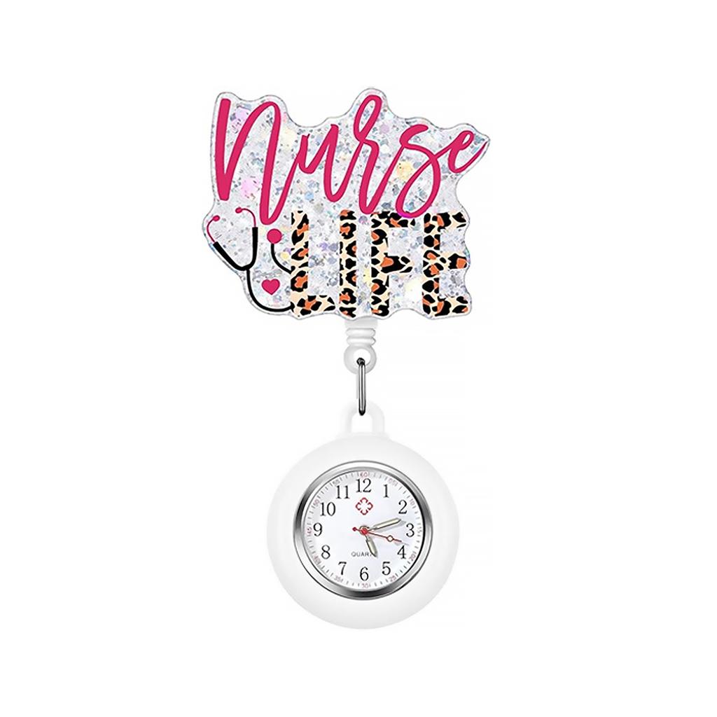 Medical Glitter Acrylic Retractable Badge Holder with Pocket Watch for Nurse Doctor Fob Pocket Watch Badge Reel Key Chain