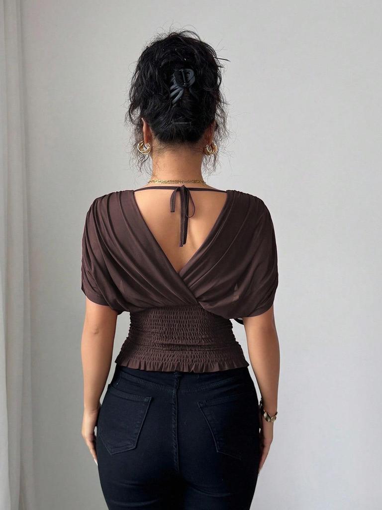 European and American Fashion Deep V-neck Puff Sleeve Fitted Waist Women's Top