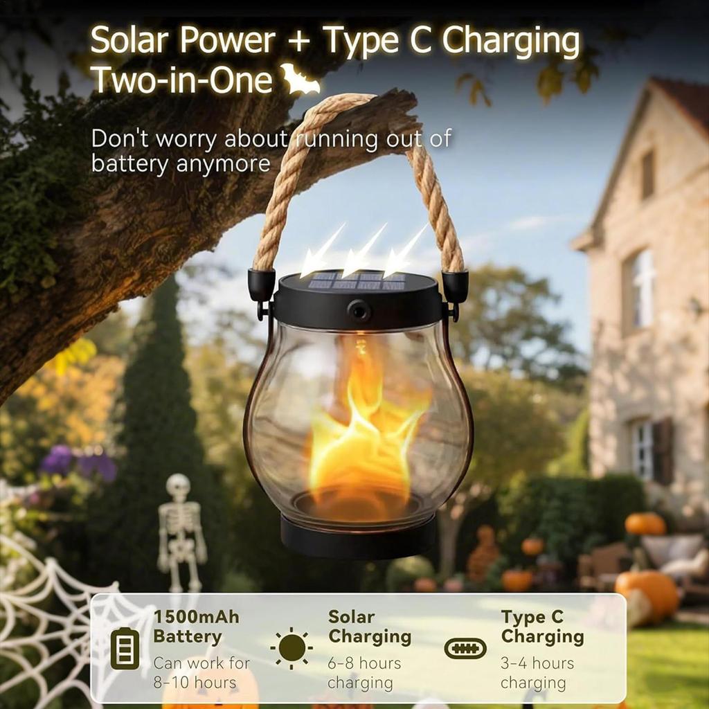 Solar Flame Lamp Rechargeable Hanging Courtyard Decoration Garden Lantern Lighting Lamp with Rope Outdoor Camping Lamp