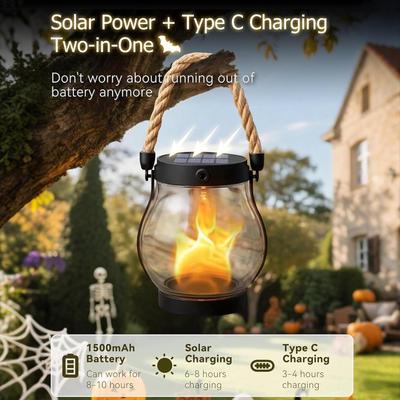 Solar Flame Lamp Rechargeable Hanging Courtyard Decoration Garden Lantern Lighting Lamp with Rope Outdoor Camping Lamp