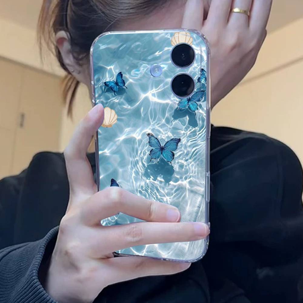 Blue Butterfly Ocean Waves Phone Case For iPhone 17 15 14 13 11 12 16 Pro Max Plus Mini Transparent Silicone Soft Funda