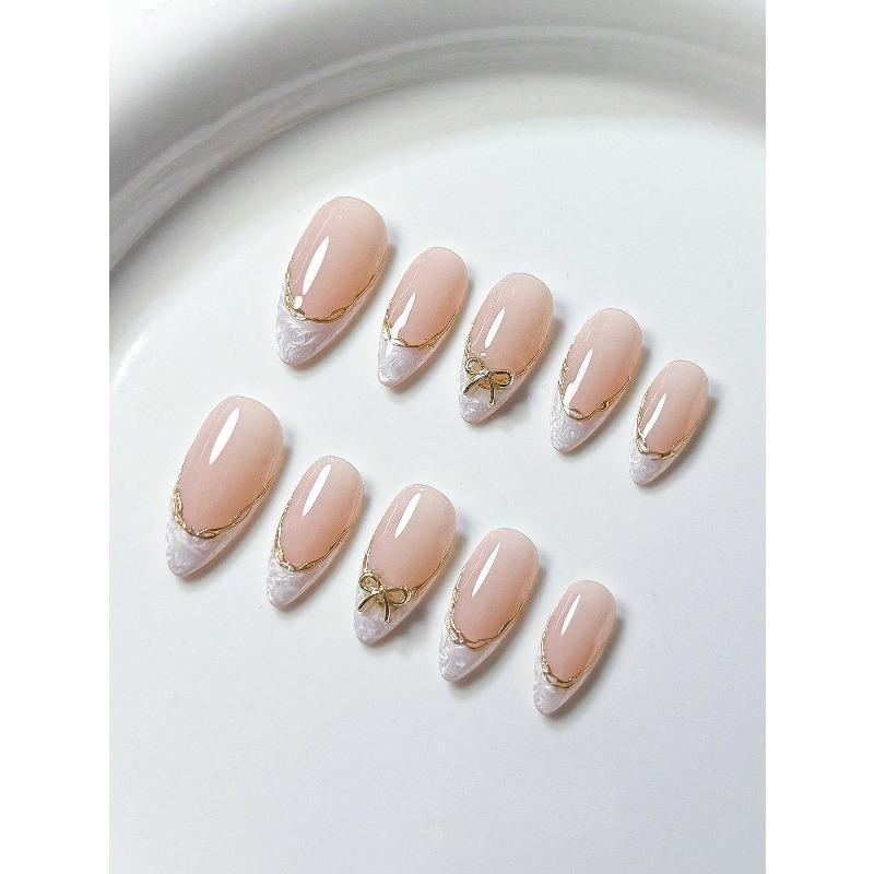 24 Uds. Puntas de Uñas Francesas Cortas Hechas a Mano Set de Manicura Uñas Postizas Adornadas con Línea Dorada y Circonita