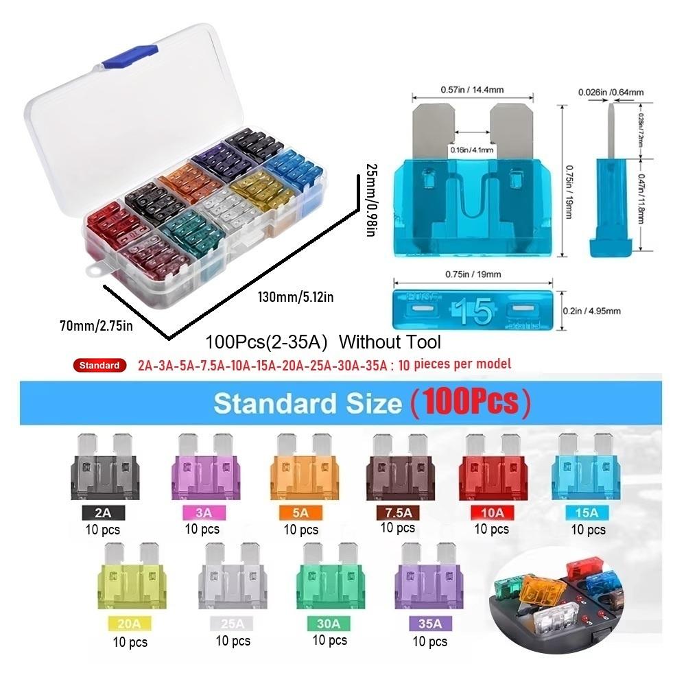 50/100pcs Standard Car Fuses 2A 3A 5A 7.5A 10A 15A 20A 25A 30A 35A Free Matching Choice Car Fuses Blade Fuses for RV/Truck/SUV
