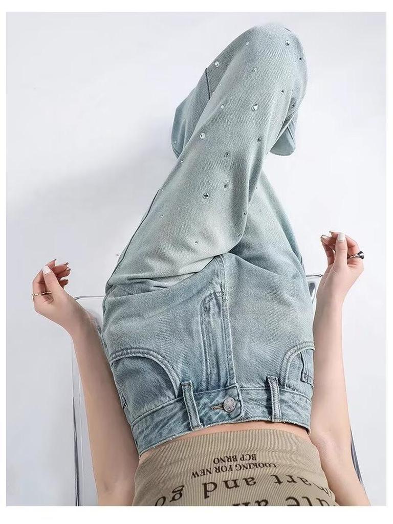 Spring & Autumn 2025 Women's High-Waisted Light Wide-Leg Jeans: Trendy Versatile Slimming Straight-Leg with Hot Drill Design.
