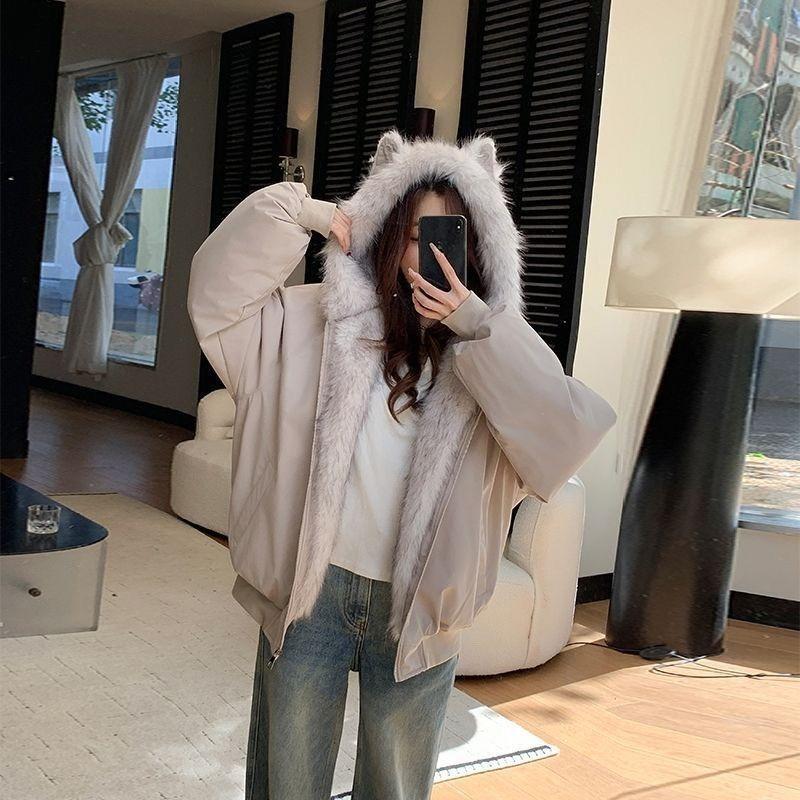 American Style Winter Cotton Jacket Cat Ear Faux Fur Hooded Coat Thicken Fleece Lined