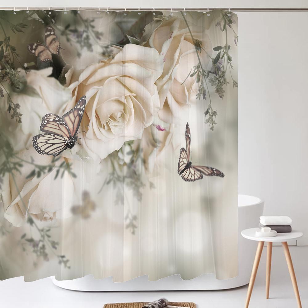 Colorful Beautiful Fresh Flowers Shower Curtain Bathroom Waterproof Polyester Butterfly 3D Print Curtains for Bathroom Shower