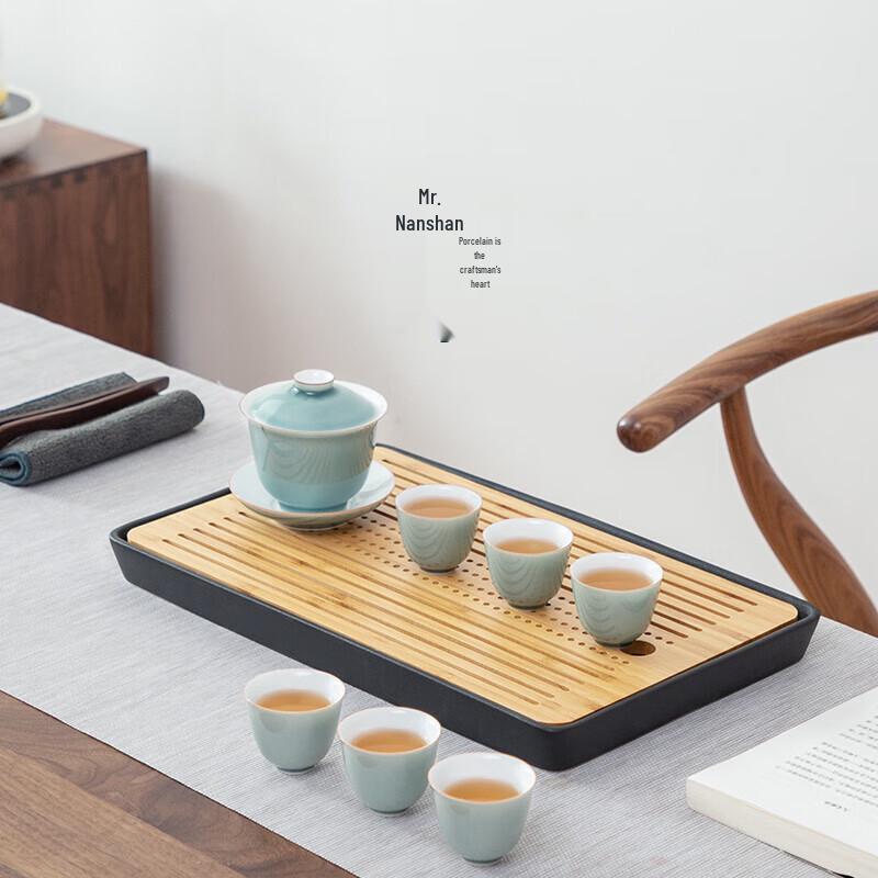 Chinese Ceramic & Bamboo Tea Tray