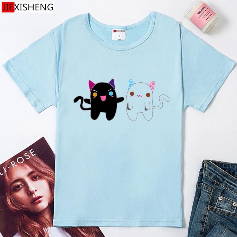 Black Cat White Cat Cartoon Print Women T Shirts Plus Size Summer Casual Short Sleeve T-Shirt Girl Tshirt Tops