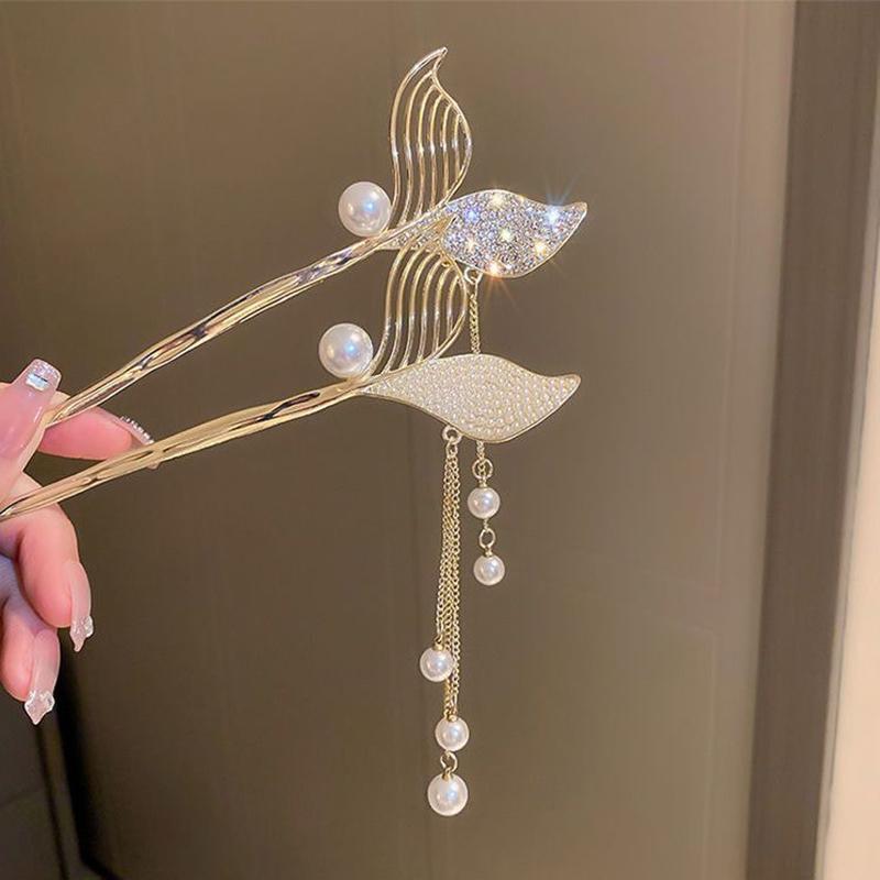 New Chinese Style Mermaid Hair Sticks Ancient Metal Rhinestone Pearl Long Tassel Hairpin Women Luxury Elegent Hair Accessories