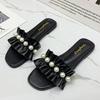 Fashion Women Slides Faux Pearl Decor Ruffle Trim Sandals Open Toe Wear-resistant Flat Slippers Summer Sandy Beach Sandals Women Shoes