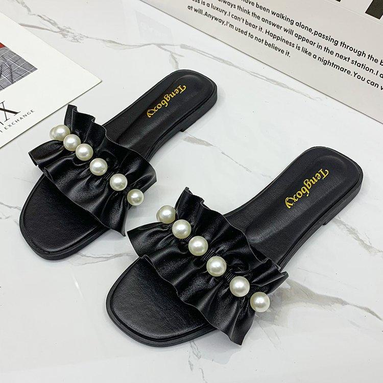 Fashion Women Slides Faux Pearl Decor Ruffle Trim Sandals Open Toe Wear-resistant Flat Slippers Summer Sandy Beach Sandals Women Shoes