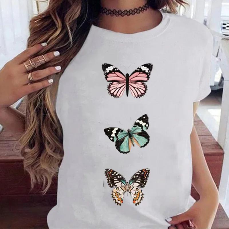 Woman Butterfly Tree Print Harajuku Summer Tshirts Casual Round Neck Short Slee Top Tee Shirt Women Black T-shirt Drop Ship