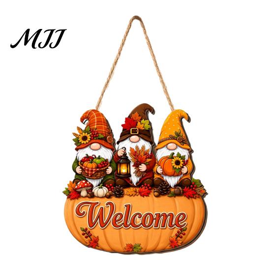 Thanksgiving Holiday Decoration Autumn Pumpkin Gnome Welcome Sign for Front Door, Rustic Wood Hanging Durable Solid Plaque Ornament with Hemp