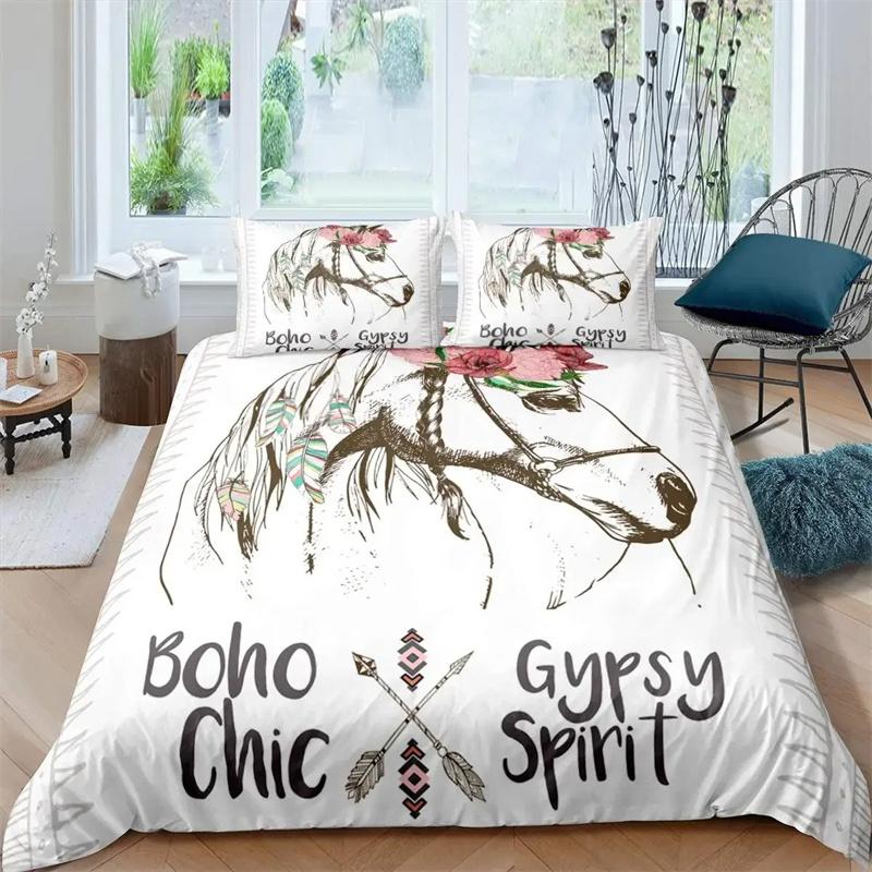 3D Horse Duvet Cover King Queen Size Yellow Sunflower Bedding Collection Floral Animal Theme Quilt Cover Wildlife Soft Comforter Cover