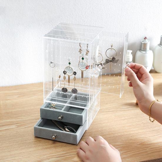 Dustproof Acrylic Earrings Jewelry Storage Box Display Stand Holder Drawer Rack