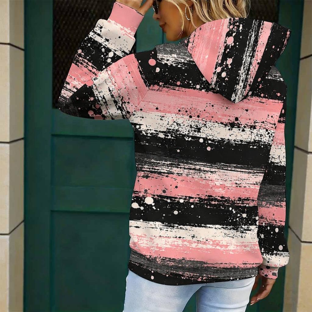 Women Plus Size Colorful Brush Print Long Sleeve Kangaroo Pocket Drawstring Hoodie