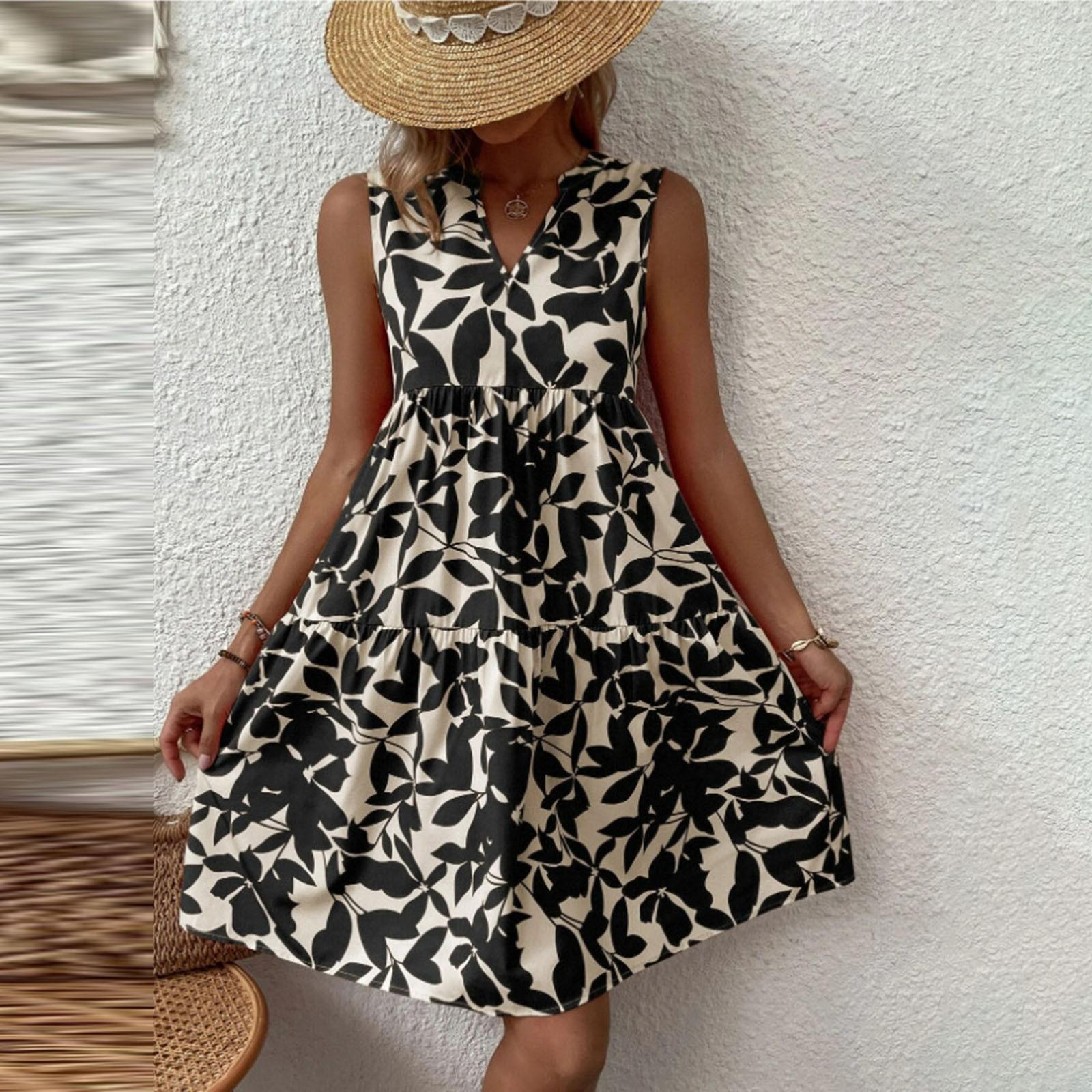 

Женские платья Платья без рукавов для женщин с v-образным вырезом и цветочным принтом, повседневные свободные летние женские платья S чёрный