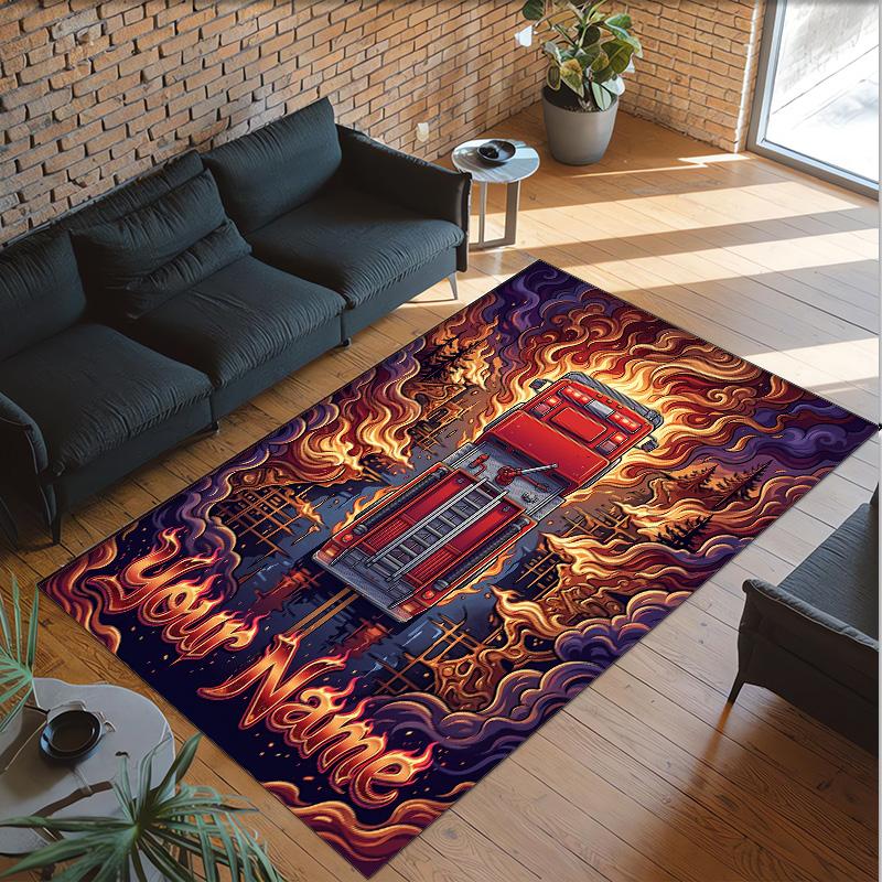 Fire Truck Theme Crystal Velvet Rug Personalized Custom Name Text Soft Floor Mat Home Decor