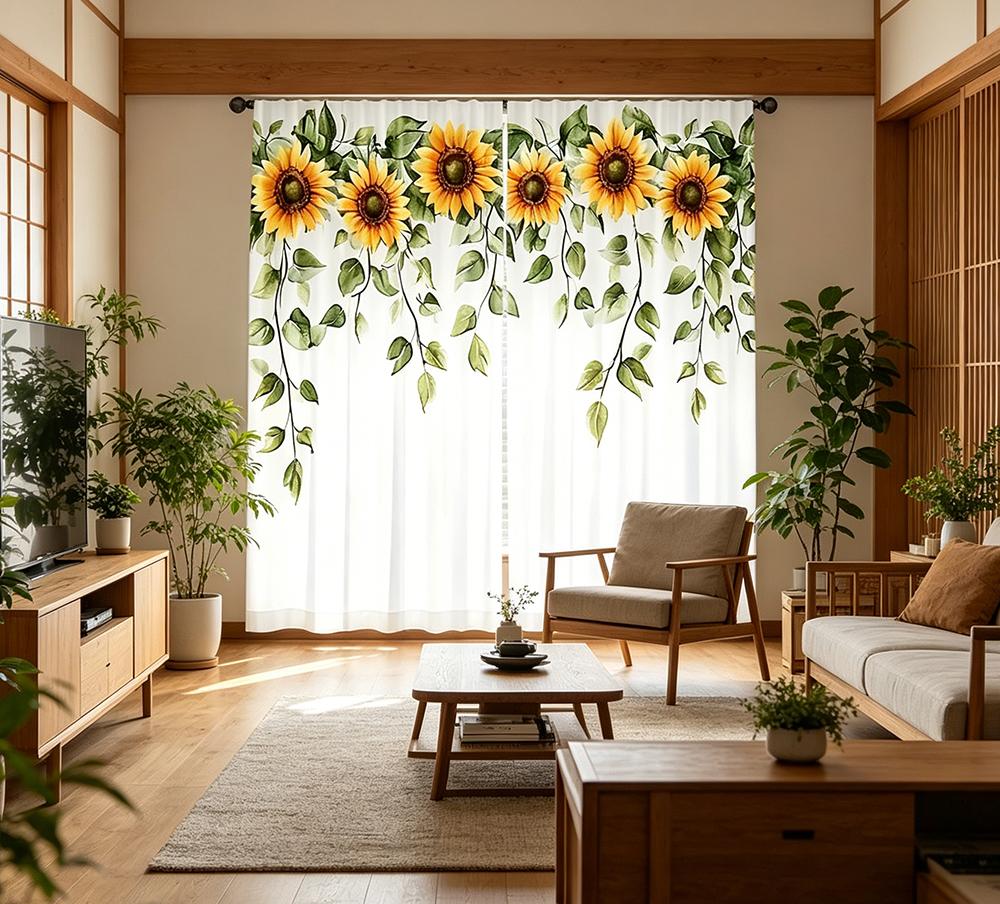2PCS Digital Printed Curtains, Sunflower Leaf Vibrant Floral Botanical, Rod Pocket Window Drapes for Living Room Bedroom Decor