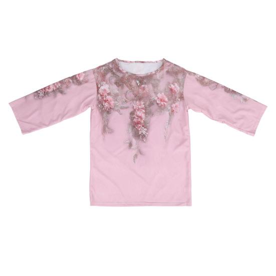 Women Tops Round Neck Long Sleeve Loose Fit Tee Shirt 3D Flower Printing Faux Pearls Decor Pullover Tops Casual Office Wear