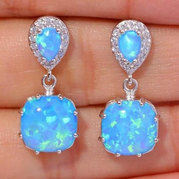 Silver Square Opal Stud Earrings