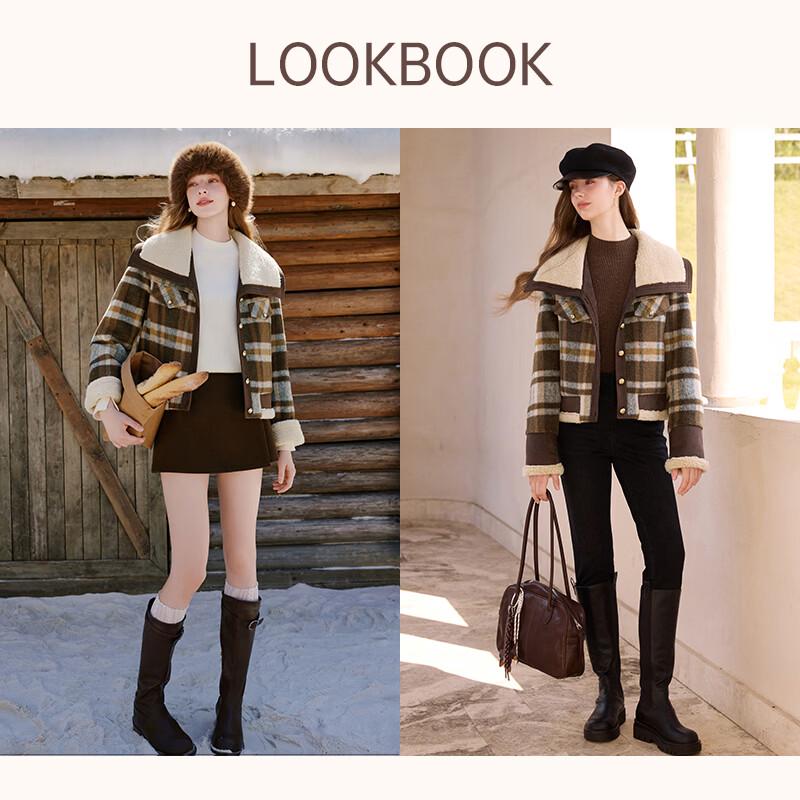 Xiangying Damen Retro Karierte Kurzjacke aus Kunstpelz
