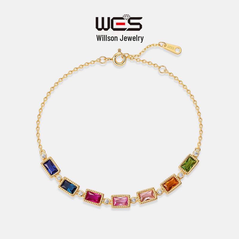 S925 Silver Gold-Plated Rainbow Zircon Bracelet with Multi-Color Gemstones - Luxurious Holiday Gift