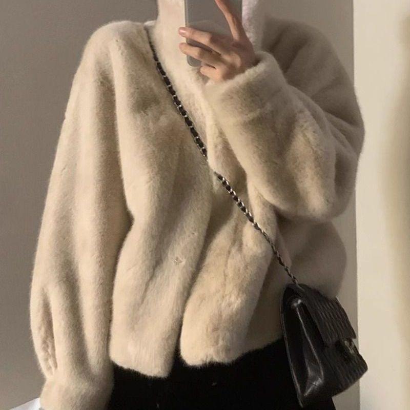 2025 Winter Women's Faux Mink Fur Short Coat with Stand Collar