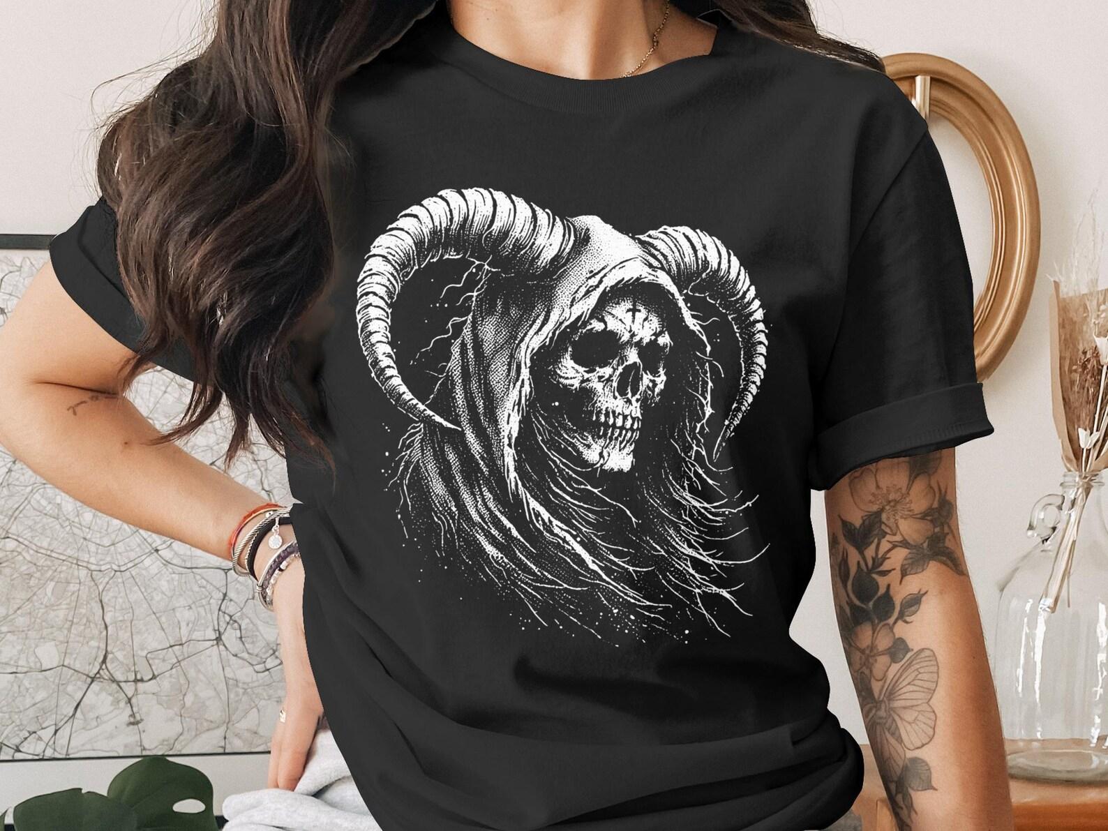 Horned Skull Grim Reaper T-Shirt, Goth Aesthetic Tee, Occult Clothing, Dark Macabre Art, Halloween Apparel, Alternative Fashion Gift 3XL