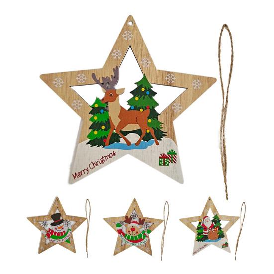 1/4Pcs Christmas Ornament Wooden Star-Shaped Pendant Set with Reindeer Santa Snowman Elk Patterns Hanging Decoration