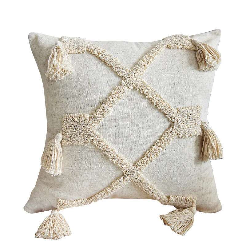 

Boho Linen Cushion Cover 45x45cm / 30x50cm – Beige Neutral Tassel Throw Pillow Case for Living Room, Bedroom Decor