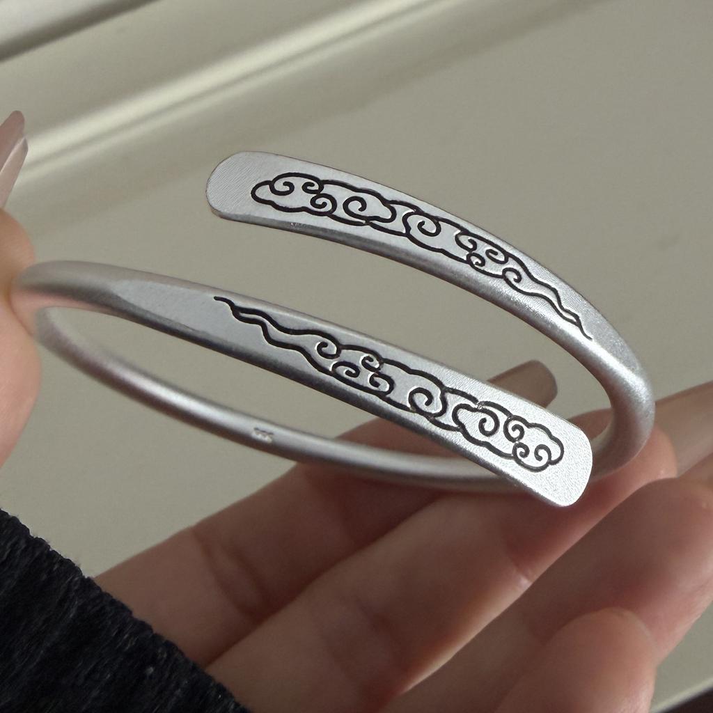 100% Solid 925 Sterling Silver Retro Bracelet for Women Men Vintage Handmade Cloud Pattern Simple Bracelet Birthday Gift