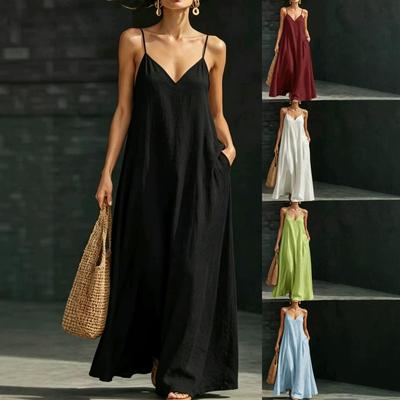 2026 V-neck Spaghetti Strap Maxi Dress - Casual Solid Color Summer Fashion