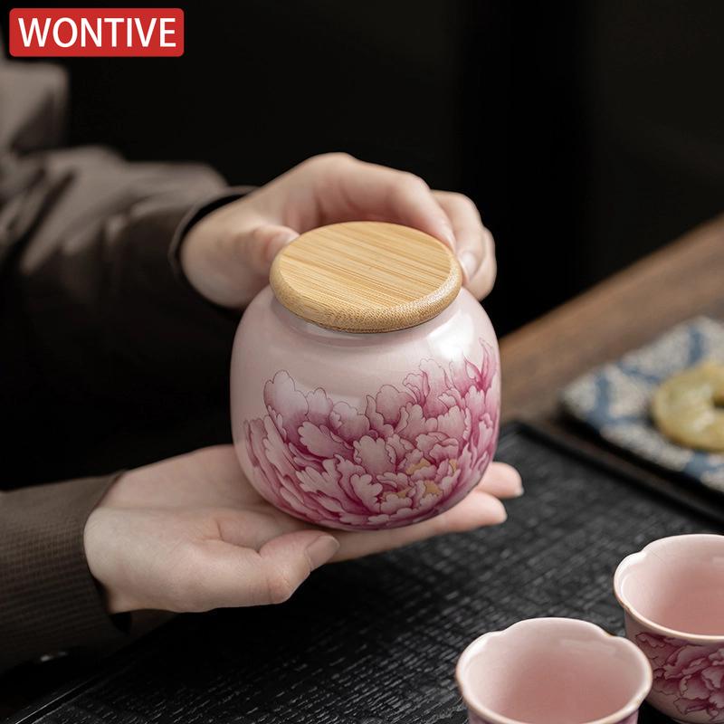 Pink Ru Kiln Peony Tea Canister Household Ceramic Sealed Candy Jar Portable Ceramic Nut Coffee Bean Storage Box Home Jewelry Box