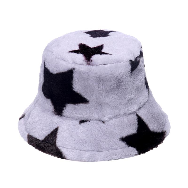 Pentagram basin hat men's and women's Japanese and Korean trend casual imitation rabbit hair geometric plush thermal hat winter bucket hat men