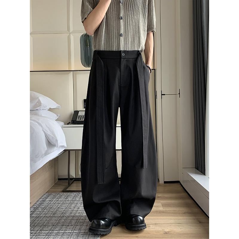 Men Double Belt Pleated Straight Micro Flared Loose Casual Dress Pants