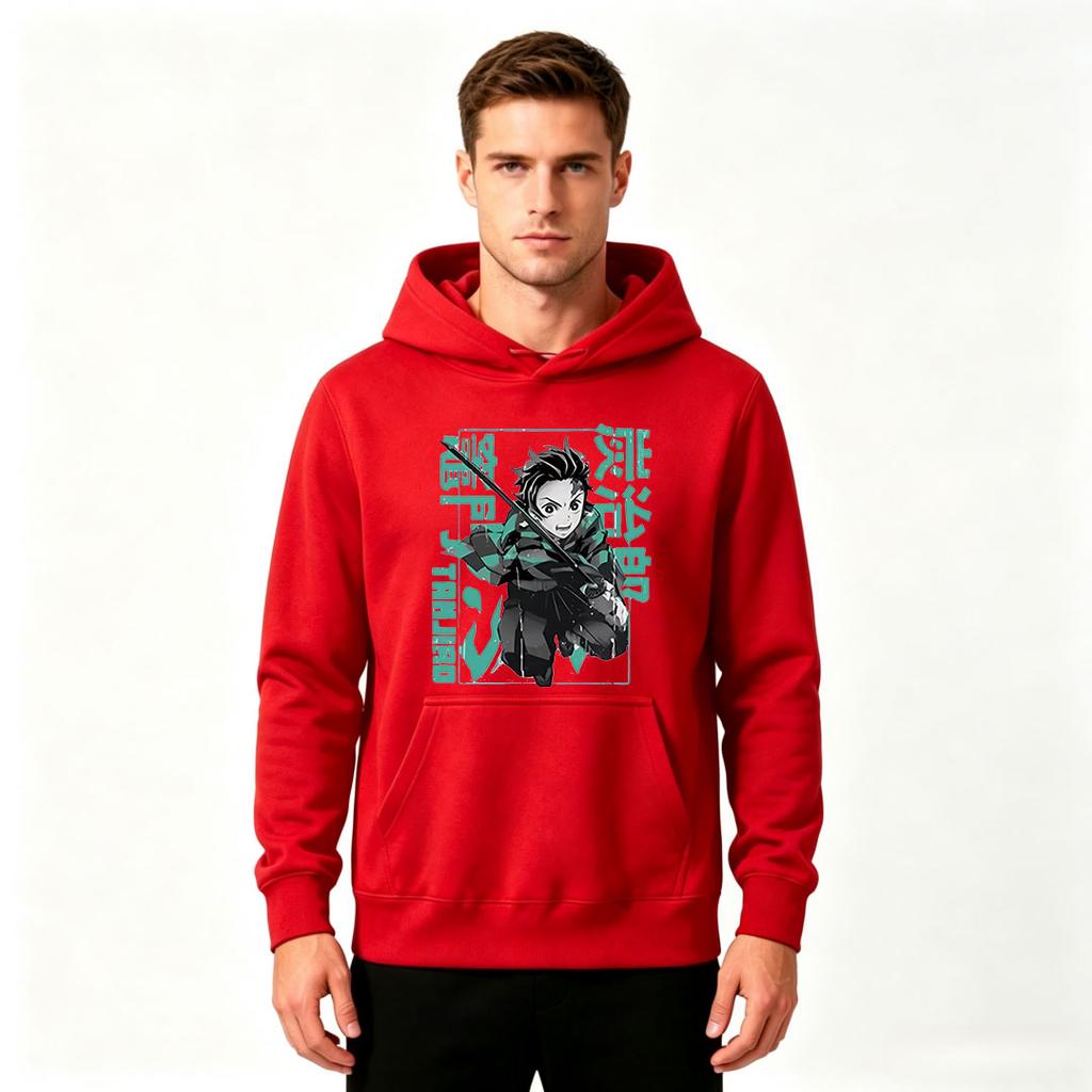 Men Anime Character Print Pullover Hoodie Casual Long Sleeve Streetwear Loose Fit Hooded Sweatshirt for Daily Wear