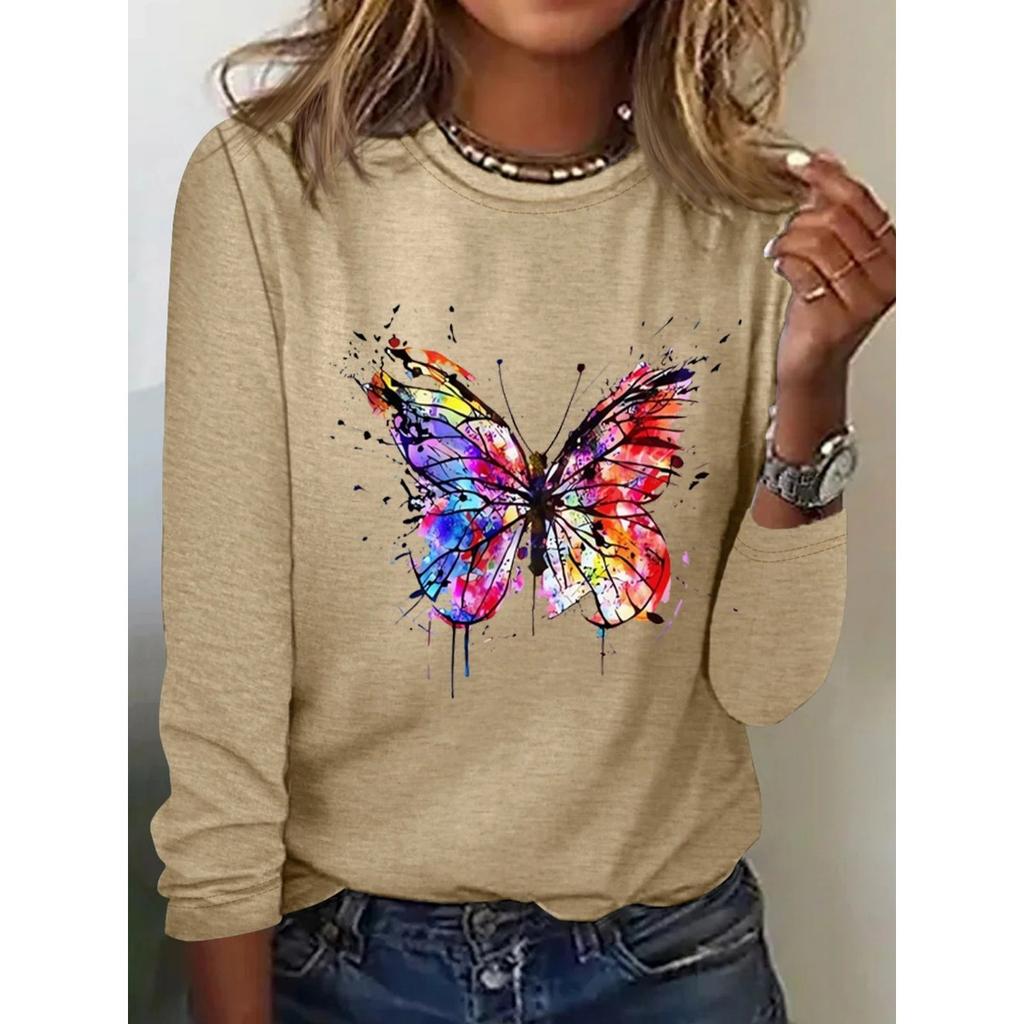 Round Neck 3D Printed Butterfly Pattern Top Fashionable Casual Long Sleeved Women's T-shirts