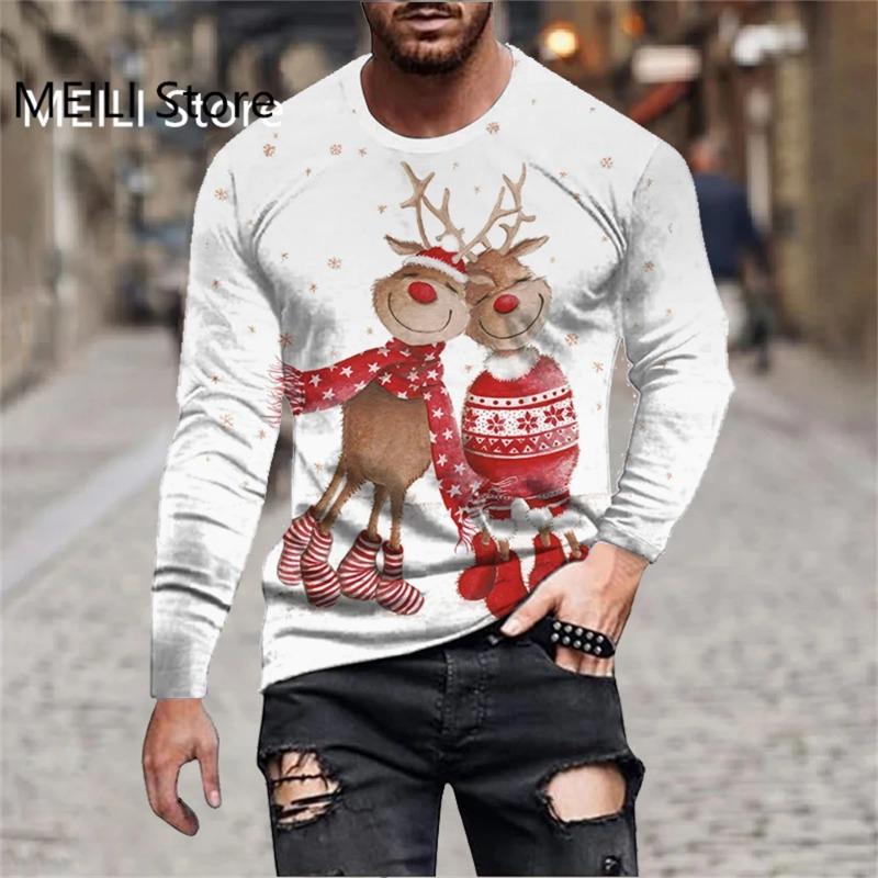 Men's T-Shirts Christmas Funny Reindeer Print Tees Casual Streetwear Long Sleeve T Shirt Pullover Harajuku Top Men Clothing