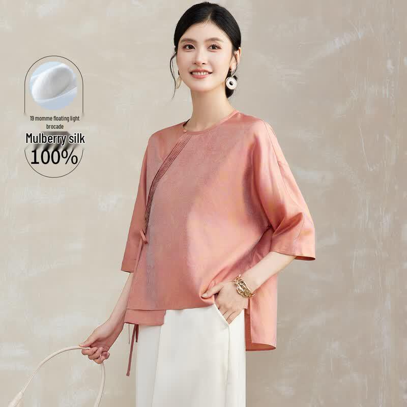 Golden Chrysanthemum 100% Silk New Chinese Style Short-Sleeve Blouse XXL