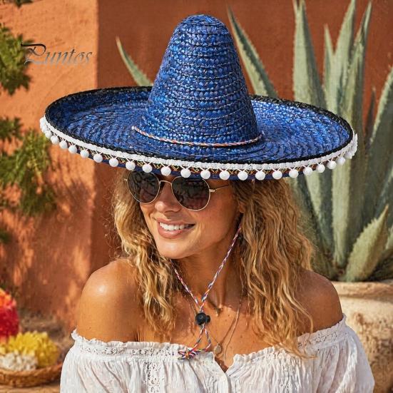 Zonnehoed Mexicaanse Sombrero met Kleurrijke Pompons, Hawaiiaanse Stijl Geweven Strohoed, Brede Rand Lichtgewicht Alle Seizoenen Feestkostuum voor de Zomer