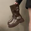 Soft leather version~ retro belt buckle locomotive knight boots women's new round head thick heel medium tube boots big tube Martin boots