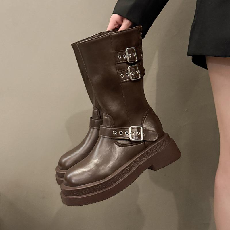 Soft leather version~ retro belt buckle locomotive knight boots women's new round head thick heel medium tube boots big tube Martin boots