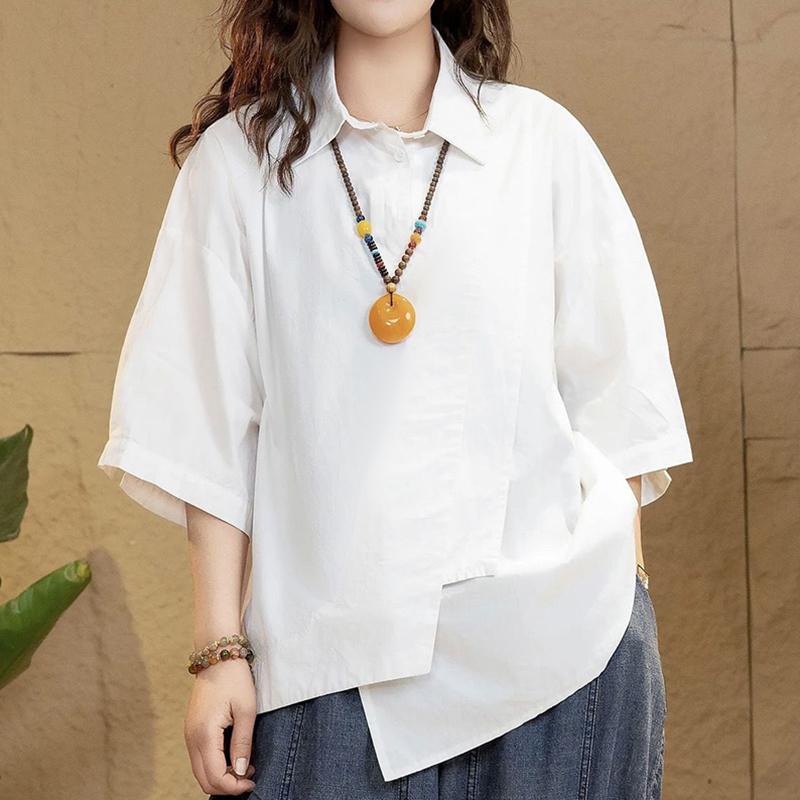 ZANZEA Damen Sommer Casual Shirt Kragen Halbarm Lose Diagonal Knopf Einfarbig Blusen