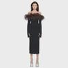 2023 Black Spring Ostrich Feather One-Shoulder Long Sleeve Bandage Dress for Women