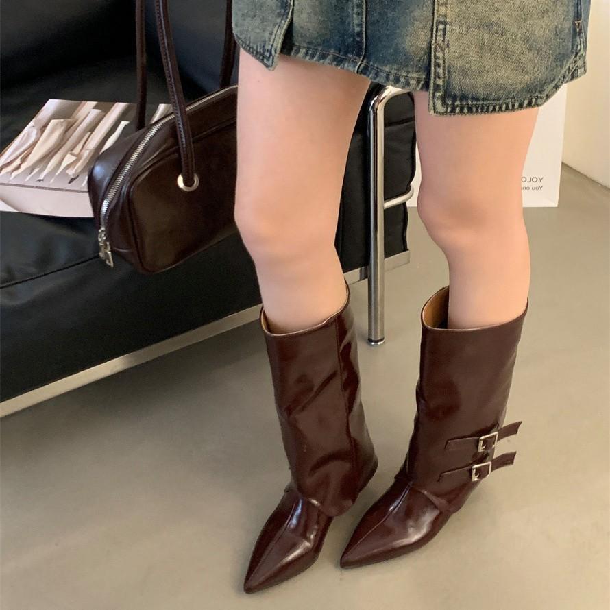 Slim Heel Pointed Brown Maillard Medium Knight Boots Women's Shoes 2025 Spring Autumn Winter Pant Boots Long Boots
