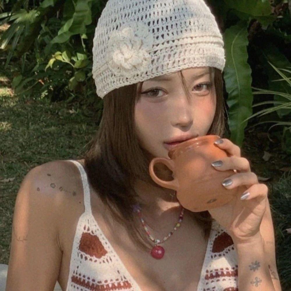 Flower Knitted Caps Hollow Sequin Crochet Hat Y2k Style Beanies Cap